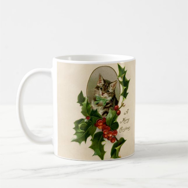 Victorian Christmas Kitten in Holly Antique Tabby Coffee Mug (Left)