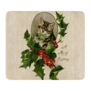 Victorian Christmas Kitten in Holly Antique Tabby Cutting Board