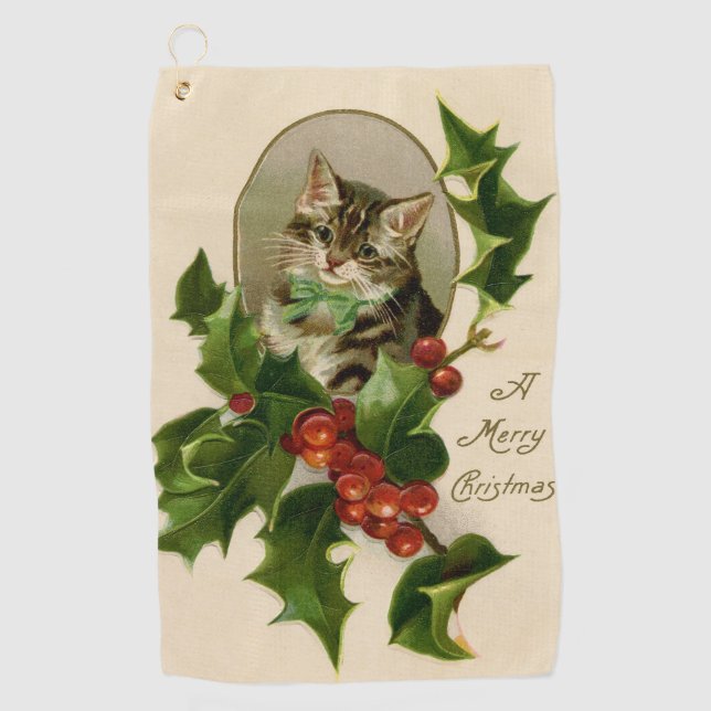 Victorian Christmas Kitten in Holly Antique Tabby Golf Towel (Front)