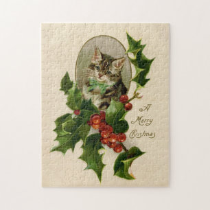 Victorian Christmas Kitten in Holly Antique Tabby Jigsaw Puzzle
