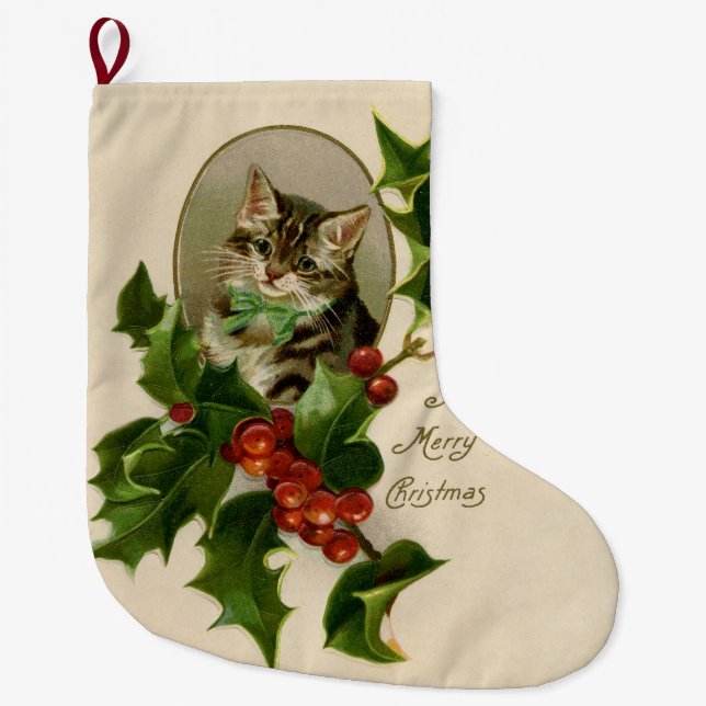 Victorian Christmas Kitten in Holly Antique Tabby Large Christmas Stocking (Front)