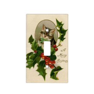 Victorian Christmas Kitten in Holly Antique Tabby Light Switch Cover