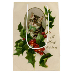 Victorian Christmas Kitten in Holly Antique Tabby Medium Gift Bag