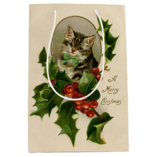 Victorian Christmas Kitten in Holly Antique Tabby Medium Gift Bag