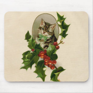 Victorian Christmas Kitten in Holly Antique Tabby Mouse Pad