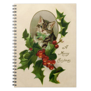 Victorian Christmas Kitten in Holly Antique Tabby Notebook