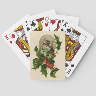 Victorian Christmas Kitten in Holly Antique Tabby Poker Cards