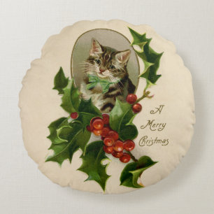 Victorian Christmas Kitten in Holly Antique Tabby Round Pillow