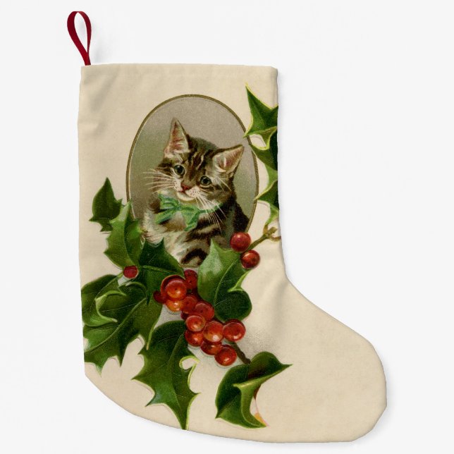 Victorian Christmas Kitten in Holly Antique Tabby Small Christmas Stocking (Front)