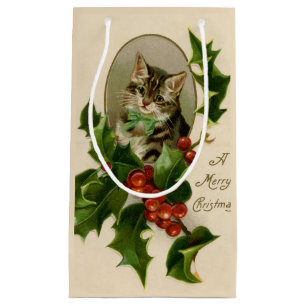 Victorian Christmas Kitten in Holly Antique Tabby Small Gift Bag