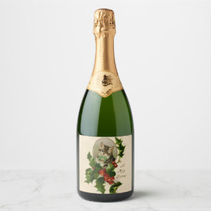 Victorian Christmas Kitten in Holly Antique Tabby Sparkling Wine Label