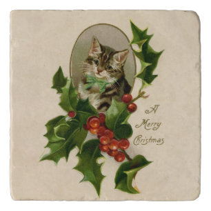Victorian Christmas Kitten in Holly Antique Tabby Trivet