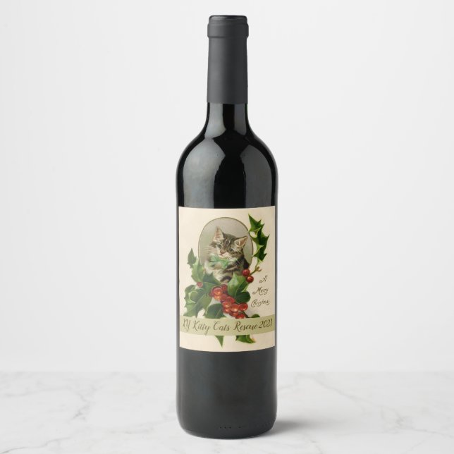 Victorian Christmas Kitten in Holly Antique Tabby Wine Label (Front)
