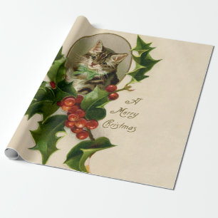 Victorian Christmas Kitten in Holly Antique Tabby Wrapping Paper
