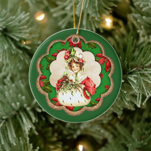 Victorian Christmas lady add sentiment festive Ceramic Ornament (Tree)