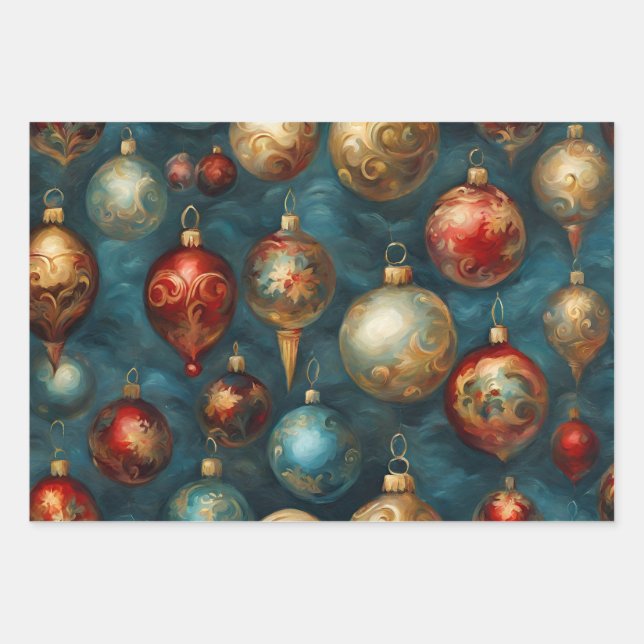 Victorian Christmas Ornaments on Elegant Blue  Wrapping Paper Sheets (Front)