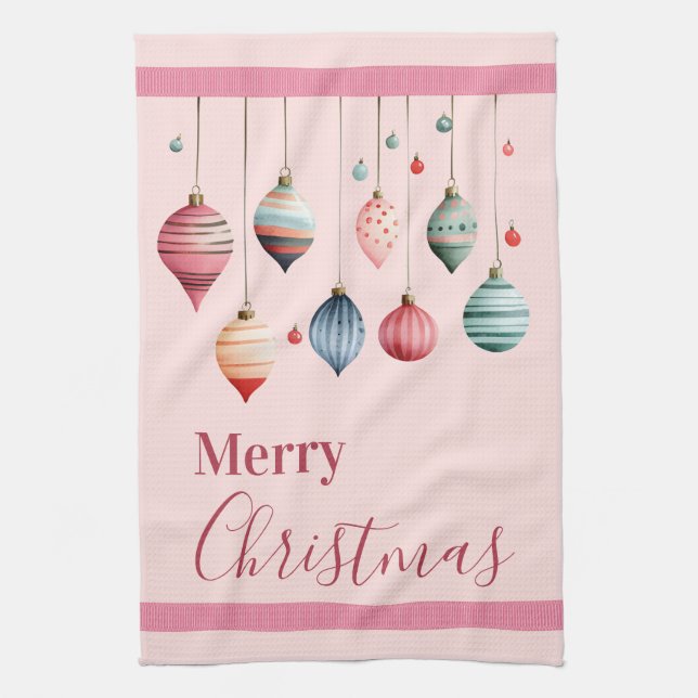 Victorian Christmas Ornaments Pink Kitchen Towel (Vertical)
