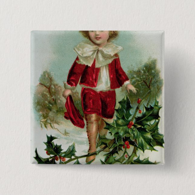 Victorian Christmas postcard depicting a boy Pinback Button (Front)