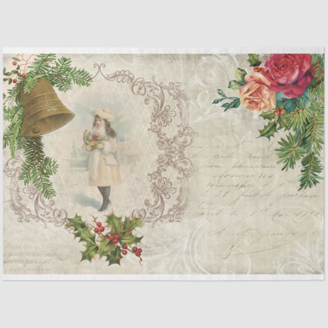 Victorian Christmas Rose, Pine & Holly Collage Tissue Paper (Front)