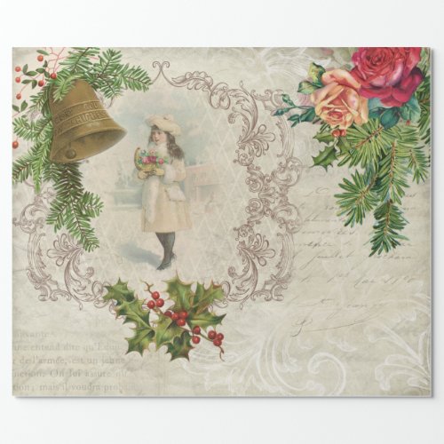 Victorian Christmas Rose Pine  Holly Collage Wrapping Paper