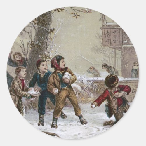 Victorian Christmas Snowball Fight Classic Round Sticker