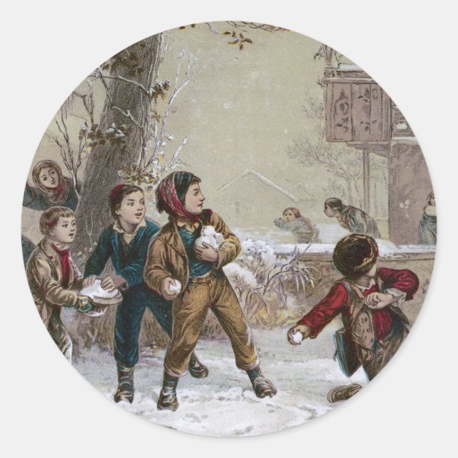 Victorian Christmas Snowball Fight Classic Round Sticker (Front)