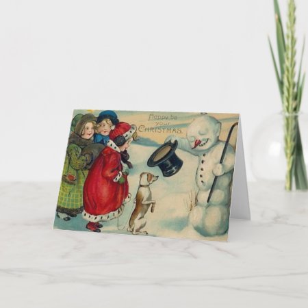 Victorian Christmas Snowman And Dog Christmas Card