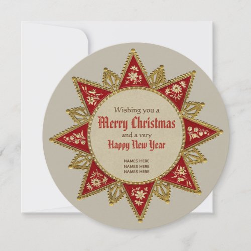 Victorian Christmas star Gold red ornament Round Holiday Card