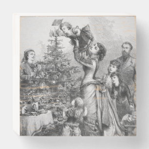 Victorian Christmas Tree Family Antique Holiday Wooden Box Sign