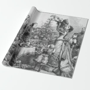 Victorian Christmas Tree Family Antique Holiday Wrapping Paper