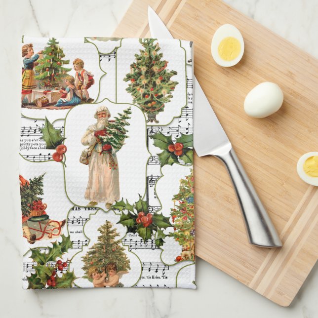 Victorian Christmas Trees, Holly & Music Kitchen Towel (Quarter Fold)