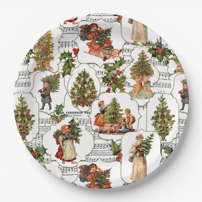 Victorian Christmas Trees, Holly & Music Paper Plates (Front)