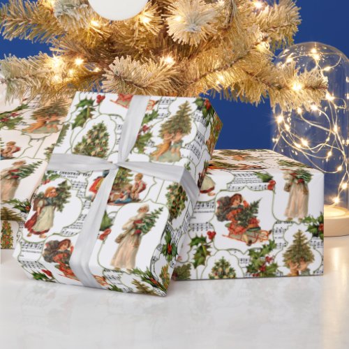 Victorian Christmas Trees Holly  Music Wrapping Paper