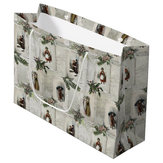 Victorian Christmas Vignettes w/Winter Greenery Large Gift Bag (Front Angled)