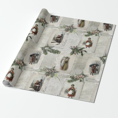 Victorian Christmas Vignettes wWinter Greenery Wrapping Paper