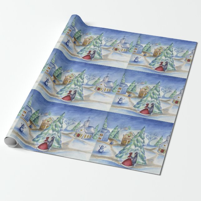 Victorian Christmas Village Gift Wrapping Paper (Unrolled)