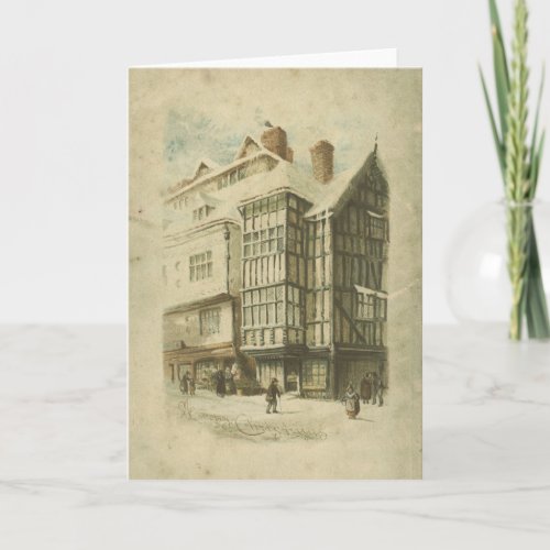 Victorian Christmas Vintage Town Scene Distressed Holiday Card