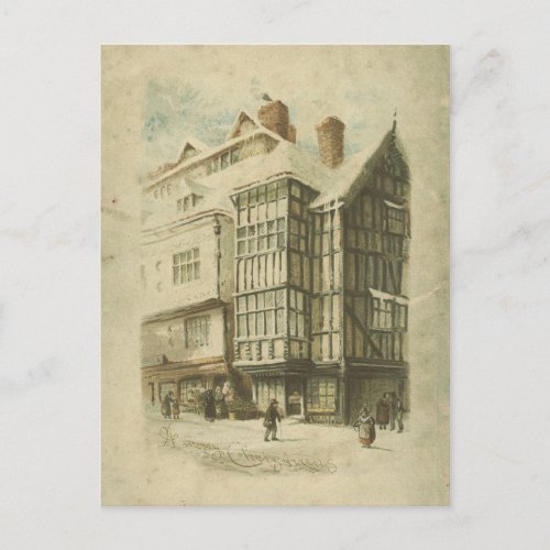 Victorian Christmas Vintage Town Scene Distressed Holiday Postcard