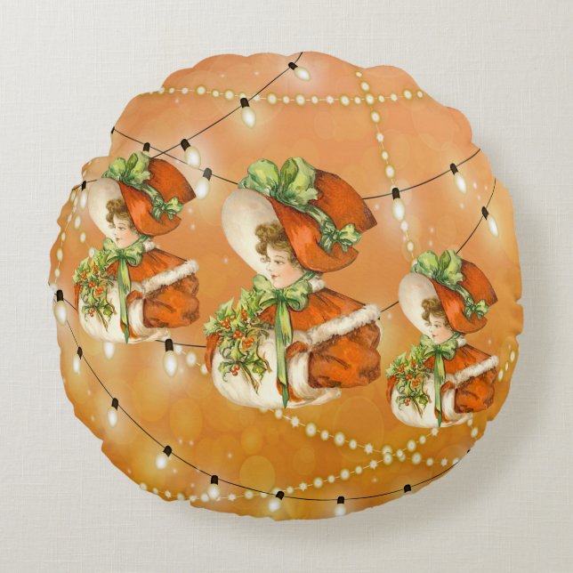Victorian ChristmasLady Orange Background w/Lights Round Pillow (Front)