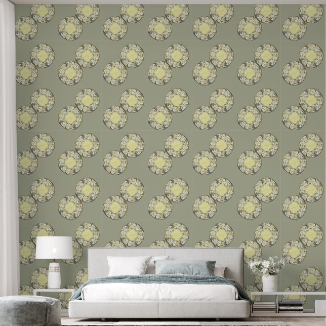 Victorian Circular Pattern Gray Green Lime Yellow Wallpaper (Bedroom)