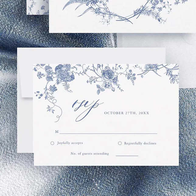 Victorian Classic Blue Floral Wedding RSVP Card | Zazzle