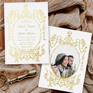 Victorian Classic Floral Frame Wedding Photo Gold Foil Invitation