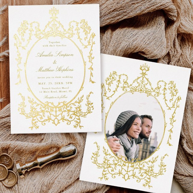 Victorian Classic Floral Frame Wedding Photo Gold Foil Invitation (Front & Back)