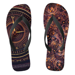 Victorian clock steampunk brown blue gears flip flops