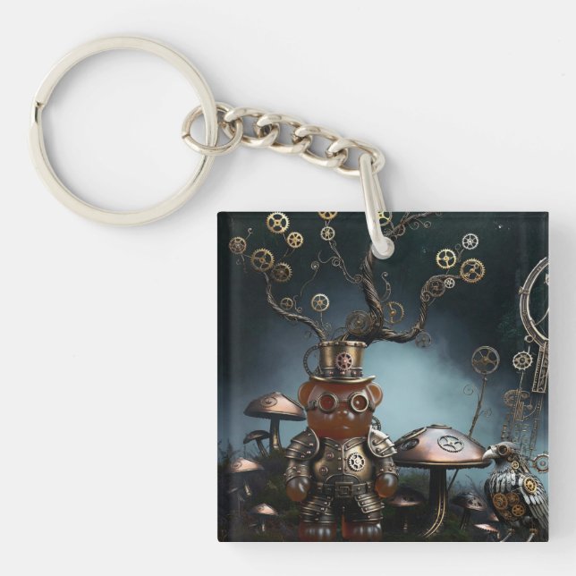 Victorian Clockwork Gummy Bear Mechanical Raven Keychain (Front)
