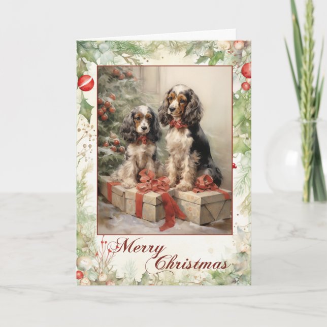 Victorian Cocker Spaniel Puppy Christmas Holiday Card (Front)