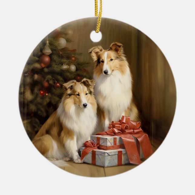 Victorian Collie Puppy Christmas Ceramic Ornament (Front)