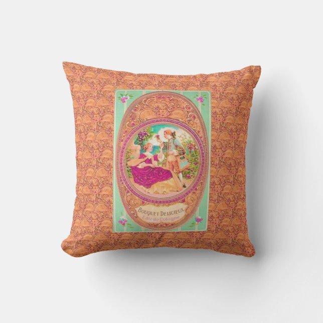 Victorian colonial French floral perfume label Throw Pillow (Front)