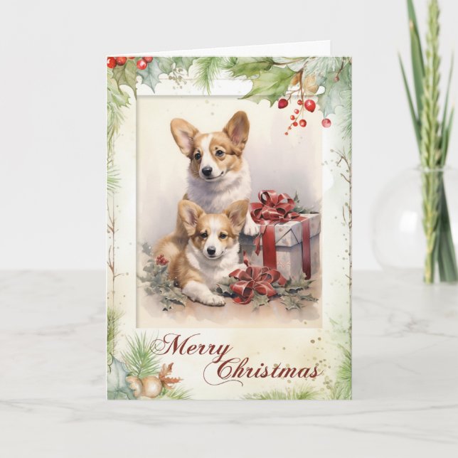 Victorian Corgi Puppy Christmas Holiday Card (Front)