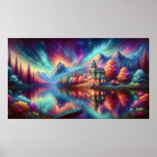 Victorian Cottage by a Surreal Lake Poster